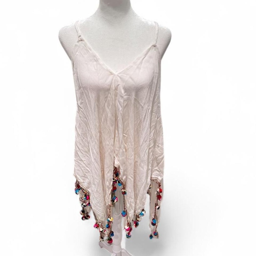 Y2K Boho Tassel Hem Beach Cover Up Mini Dress Small Festival Summer Open Back‎